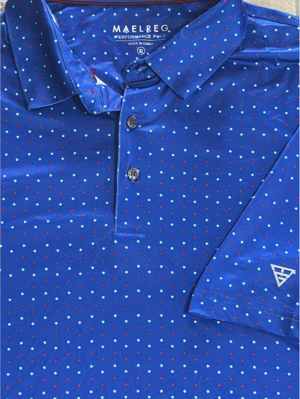 Maelreg Performance Golf Polo Shirt Blue with Red and White Star Pattern XL